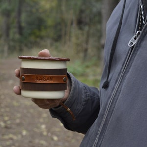 Personalized Enamel Mug, Leather Enamel Mug, Camping Mug, Mug Gift, Travel Mug, Forest Mug, Outdoor mug, Mountain Mug Beige