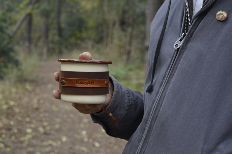 Personalized Enamel Mug, Leather Enamel Mug, Camping Mug, Mug Gift, Travel Mug, Forest Mug, Outdoor mug, Mountain Mug Beige