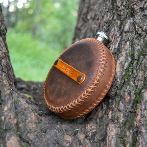Personalized Leather Hip Flask: Round Camping Flask, Handmade 8 oz