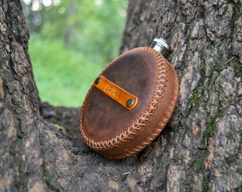 Personalized Leather Hip Flask: Round Camping Flask, Handmade 8 oz