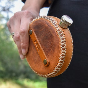 Personalized Leather Hip Flask: Round Camping Flask, Groomsmen Gift