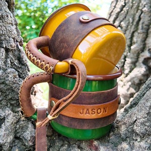Personalized Leather Enamel Camping Mug: 12 oz Travel Coffee Mug image 13