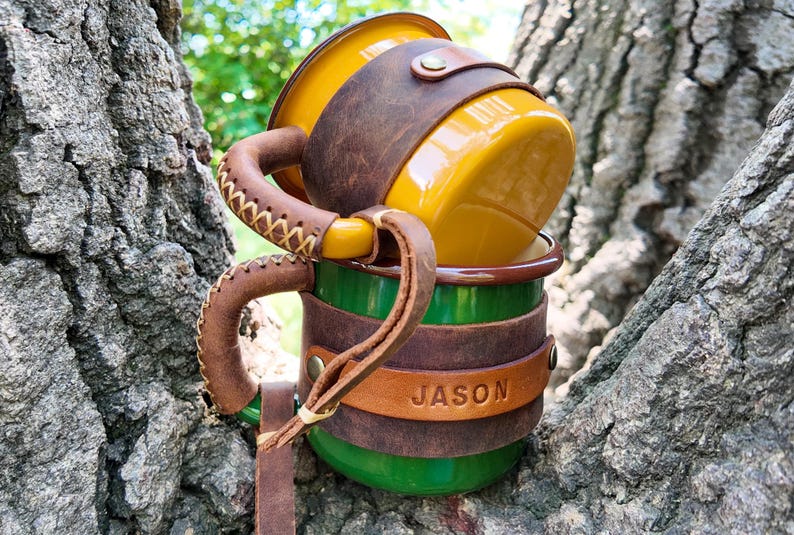 Personalized Leather Enamel Camping Mug: 12 oz Travel Coffee Mug image 13