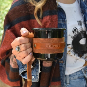 Personalized Enamel Mug, Leather Enamel Mug, Camping Mug, Mug Gift, Travel Mug, Forest Mug, Outdoor mug, Mountain Mug Black