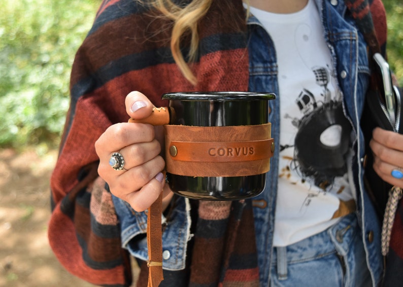 Personalized Enamel Mug, Leather Enamel Mug, Camping Mug, Mug Gift, Travel Mug, Forest Mug, Outdoor mug, Mountain Mug Black