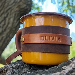 Personalized Leather Enamel Camping Mug: 12 oz Travel Coffee Mug image 14