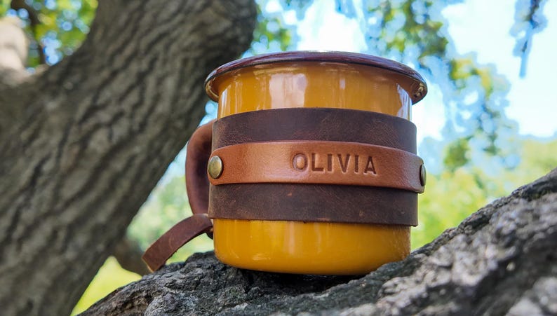 Personalized Leather Enamel Camping Mug: 12 oz Travel Coffee Mug image 14