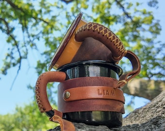 Gepersonaliseerde leren campingmok: 12 oz reiskoffiemok