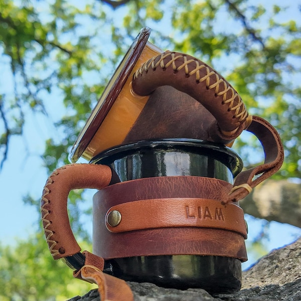 Taza de camping de cuero esmaltado personalizada: taza de café de viaje de 355 ml