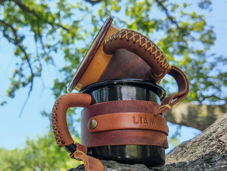Personalized Leather Enamel Camping Mug: 12 oz Travel Coffee Mug image 1