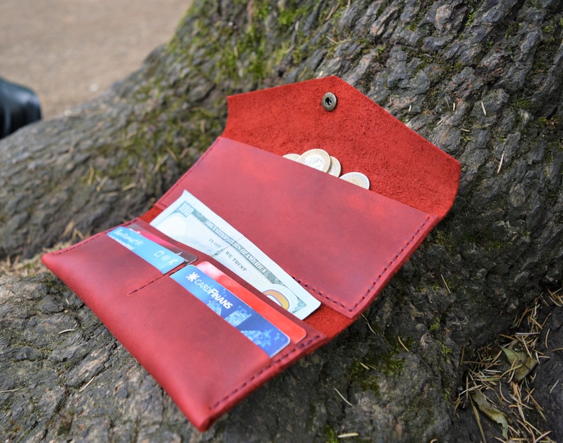 Leather Womens Wallet, Minimalist red purse, Brown Clutch, women long wallet, Distressed Leather image 3