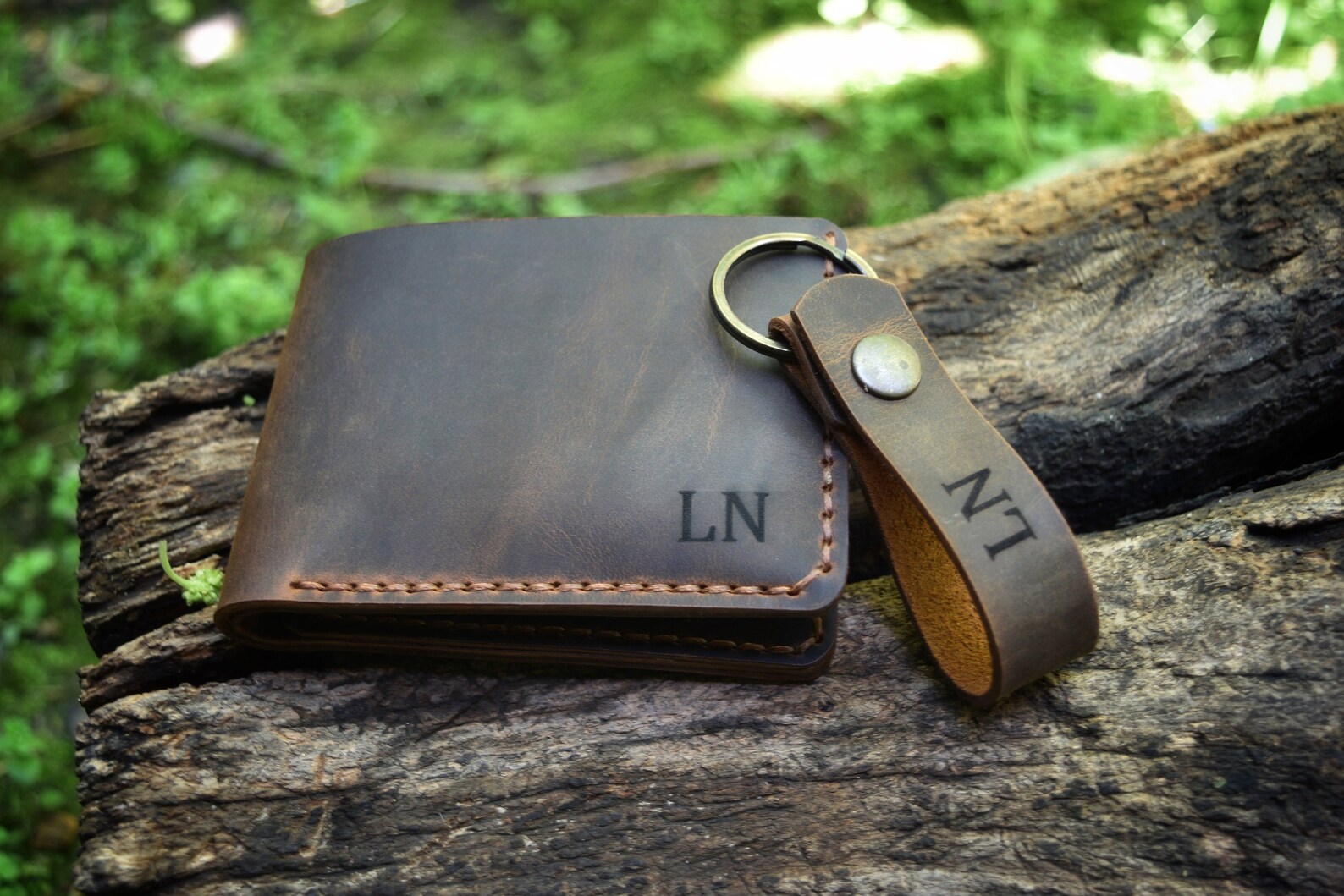 Leather Wallet & Keychain Set Personalized Bilfold Mens Slim Etsy