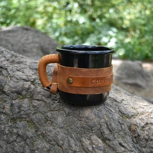 Personalized Enamel Mug, Leather Enamel Mug, Camping Mug, Mug Gift, Travel Mug, Forest Mug, Outdoor mug, Mountain Mug zdjęcie 10