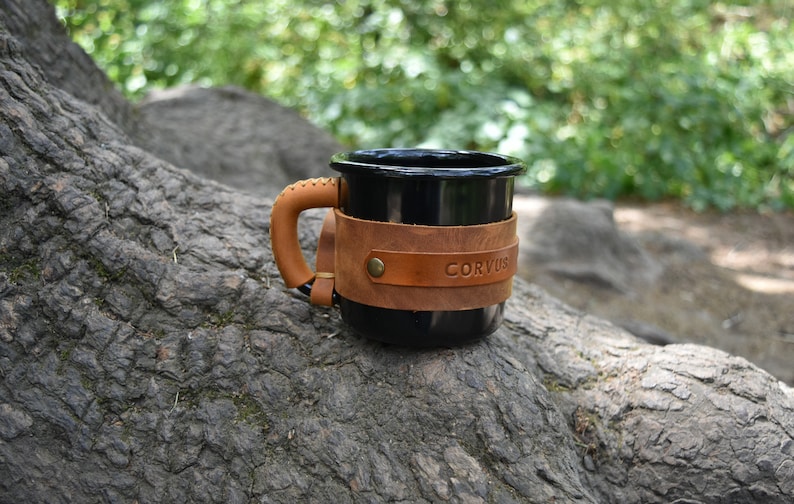 Personalized Enamel Mug, Leather Enamel Mug, Camping Mug, Mug Gift, Travel Mug, Forest Mug, Outdoor mug, Mountain Mug zdjęcie 10