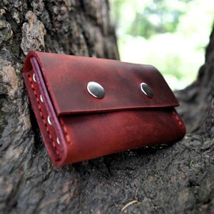 May include: A burgundy leather wallet with two silver snaps. The wallet is sitting on a tree trunk.
