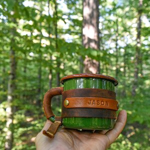 Personalized Leather Enamel Camping Mug: 12 oz Travel Coffee Mug image 16