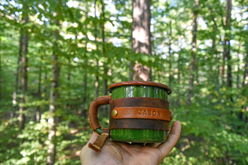 Personalized Leather Enamel Camping Mug: 12 oz Travel Coffee Mug image 16