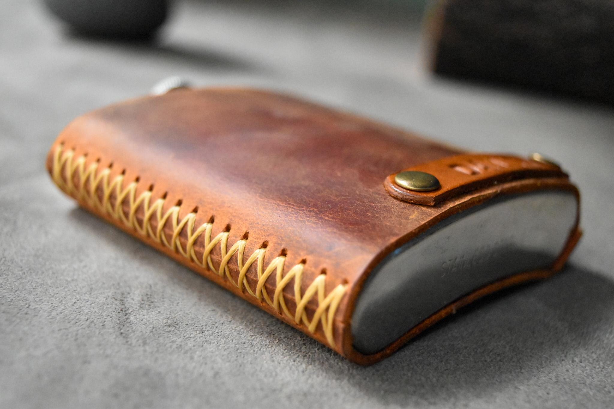 Personalized Leather Hip Flask: Hand Stitched Stainless Steel 6oz