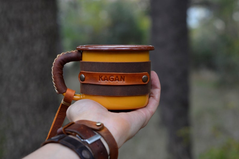 Personalized Enamel Mug, Leather Enamel Mug, Camping Mug, Mug Gift, Travel Mug, Forest Mug, Outdoor mug, Mountain Mug Yellow