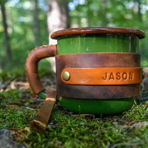 Personalized Leather Enamel Camping Mug: 12 oz Travel Coffee Mug image 8