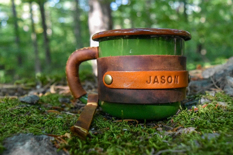 Personalized Leather Enamel Camping Mug: 12 oz Travel Coffee Mug image 8