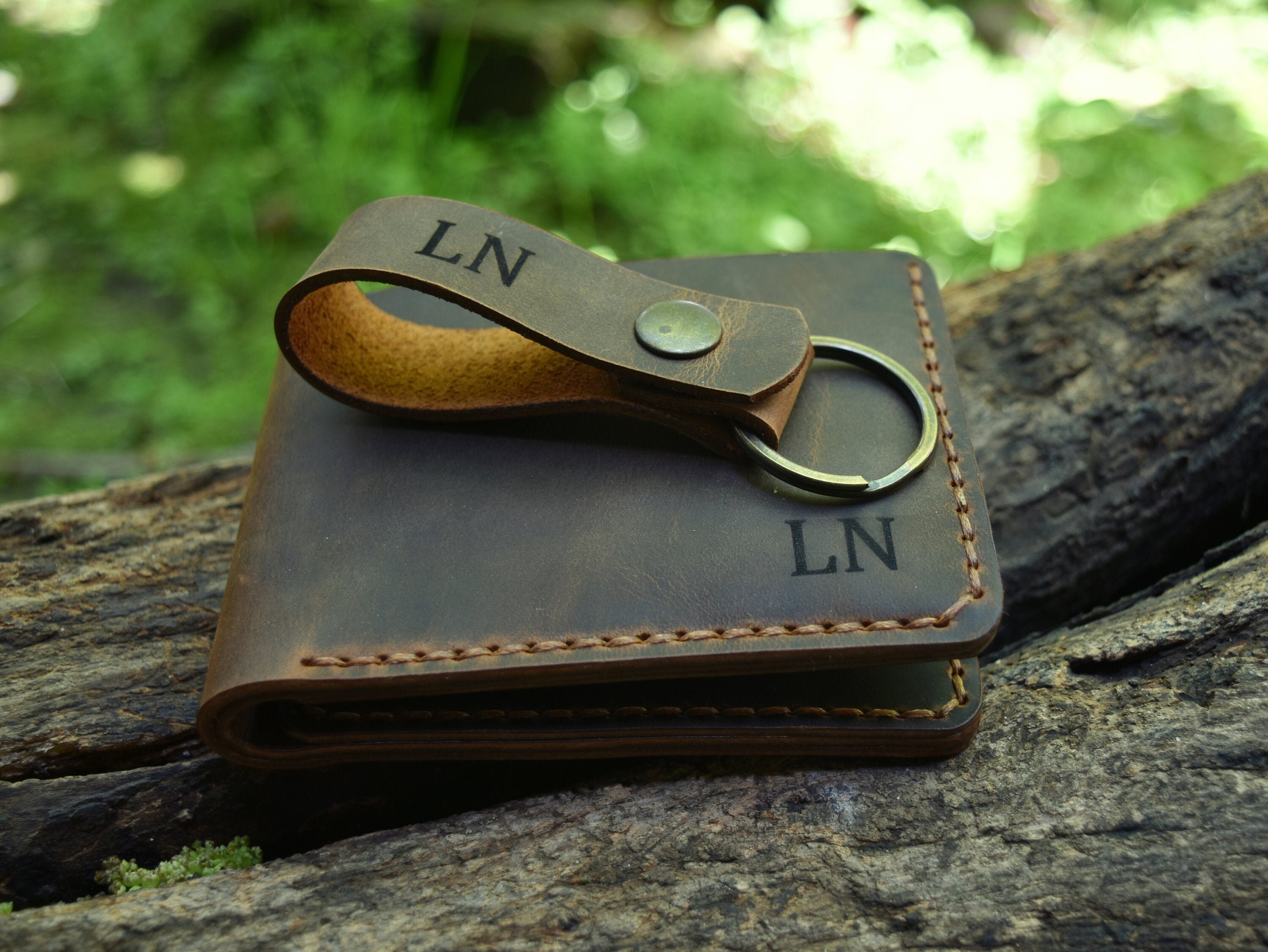 Leather Wallet & Keychain Set Personalized Bilfold Mens Slim Etsy