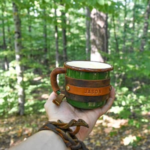Personalized Leather Enamel Camping Mug: 12 oz Travel Coffee Mug image 15