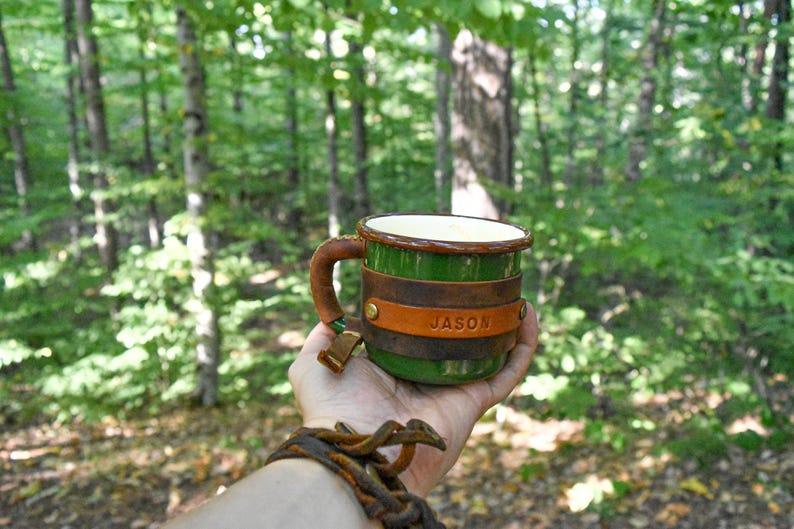 Personalized Leather Enamel Camping Mug: 12 oz Travel Coffee Mug image 15