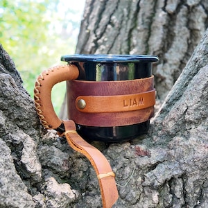 Personalized Leather Enamel Camping Mug: 12 oz Travel Coffee Mug image 3