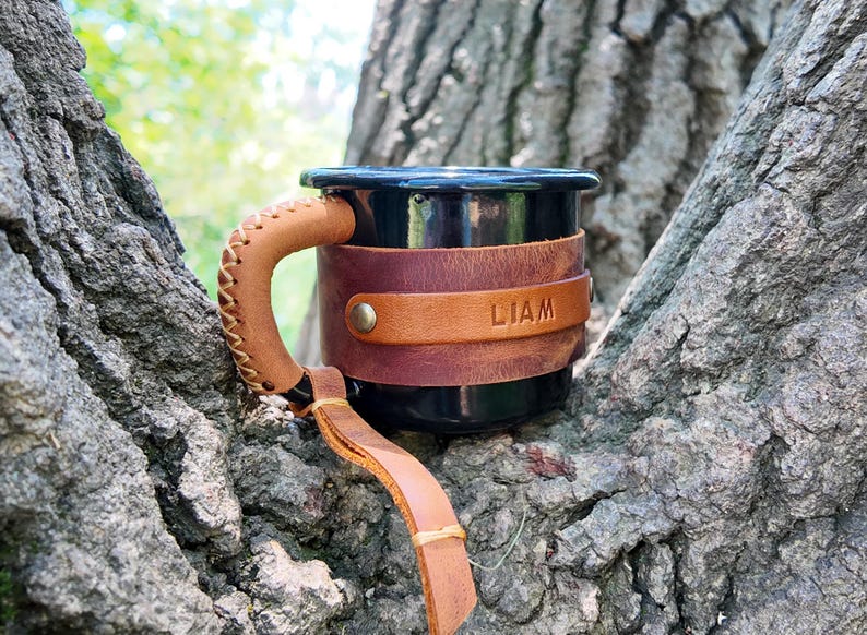 Personalized Leather Enamel Camping Mug: 12 oz Travel Coffee Mug image 3