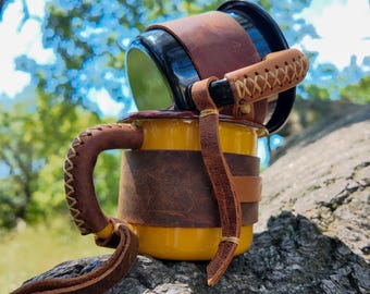 Personalized Leather Enamel Camping Mug - Custom Name Christmas Gift for Him - Hand Stitched Handle