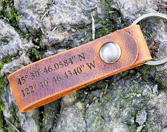 Personalized Leather Latitude Longitude Keychain: GPS Coordinates Gift