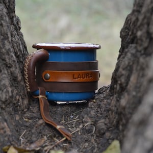 Personalized Enamel Mug, Leather Enamel Mug, Camping Mug, Mug Gift, Travel Mug, Forest Mug, Outdoor mug, Mountain Mug Turquoise Blue