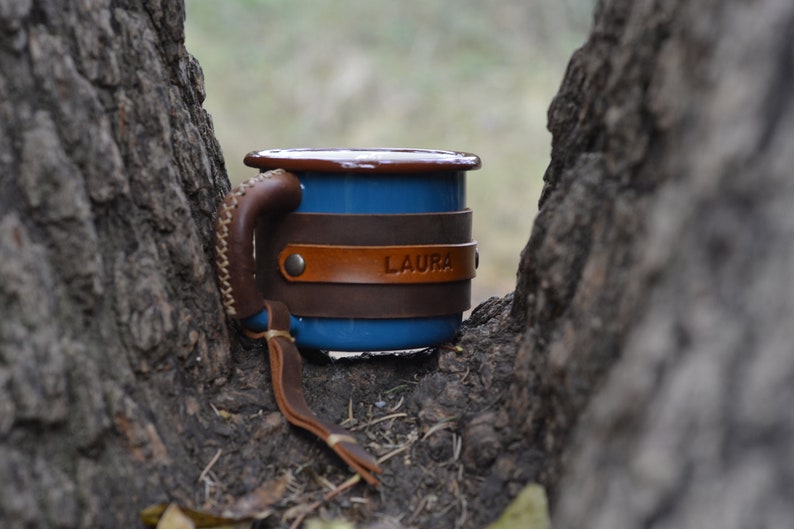 Personalized Enamel Mug, Leather Enamel Mug, Camping Mug, Mug Gift, Travel Mug, Forest Mug, Outdoor mug, Mountain Mug Turquoise Blue