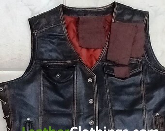 Men black Vintage Vest With V Neck, Side Laces And Snap Closure - Biker - Motorcyclist Genuine Leather Vest