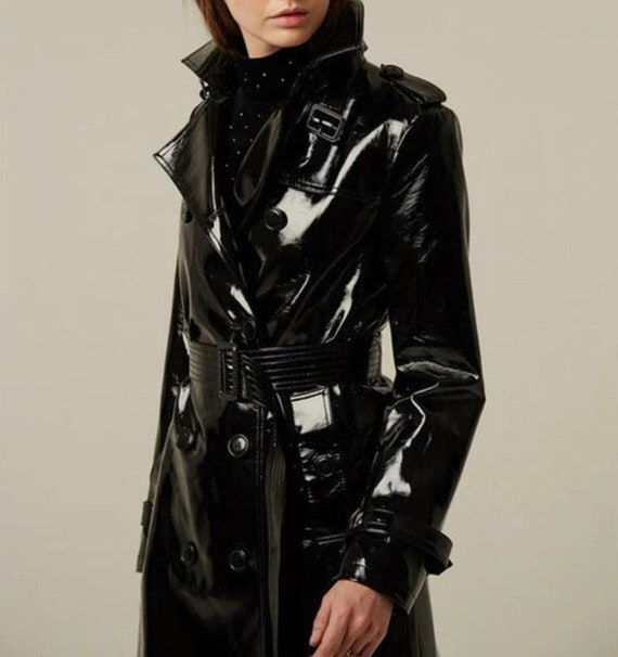 Women Black Trench Coat Leather Coat Black -
