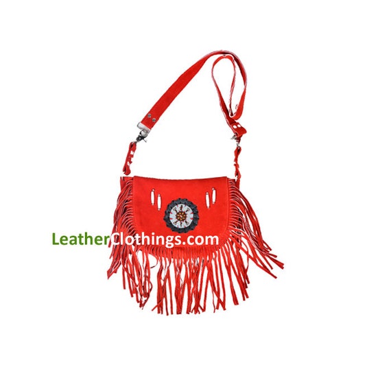 Women's Red Western Purse Women's Western Handbag Native Indian Suede Bag With Fringes Cross shoulder Bag Gift For Her, LCMSWB01