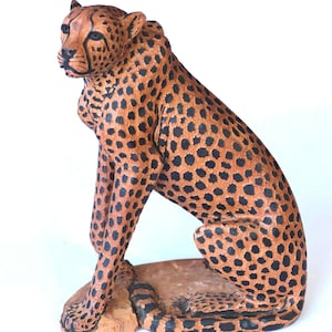 23" Teak Wood Life like Seating Cheetah Figurines. Fully detailed large gouged spotted hand carved Decor Sculpture. African Gift Masterpiece