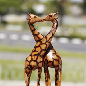 Kissing Giraffes Lovers Olive Wood Art figurine. Zimbabwean handcarved Sculpture with a heart shape design. Home/office Unique African gifts