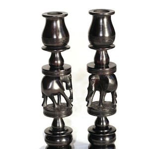 Ebony wood Carved Elephant theme Candlestick Holders set. This unique Masterpiece was made in Tanzania. African Art Gifts Home decor