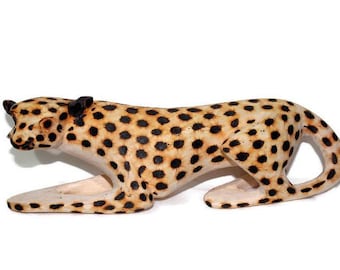 Ambush Wood Cheetah figurine. Olive wood spotted hand carved Wooden Sculptures. African art Safari Decor. Express Shipping Worldwide