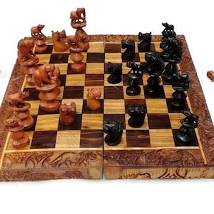 African Big Five Animals Chessboard Art. Ebony and Rose Wood Hand Carved Gaming board. Square Brown Birthday gifts. Express DHL Shipping