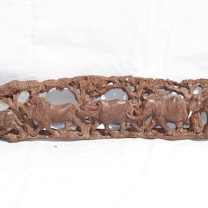 Iron Wood Walking African Big 5 under trees hand carved Masterpiece. Wall or Table top Decor  gifts. Unpolished Zimbabwe Handcarved Art