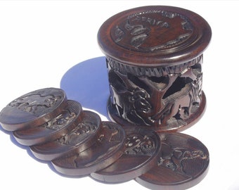 Ebony wood Table Coasters Set and Box with the African Big Five Animals Carving on. Mothers day and Birthday Gifts Ready to Ship.