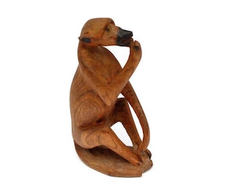 Set of 2 Handcarved Sitting/Eating Baboon/Monkey Olive Wood Figurines. African handmade interior Deco Artwork. Brown Safari Art Collectibles