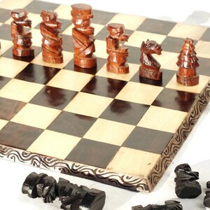 Large 18" Malawian handcarved Wooden Chess Set. Ebony, Olive and Mahogany Wood. Great Gift for play and Display /Decor. Ready to Ship