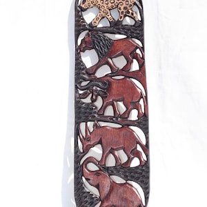 Dark Brown African Big Five Olive wood carved Wall Decor Panel with Gouged Leopard. Safari animals art Smooth Handmade gift for home/office
