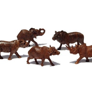 Ironwood Carved Big Five Animals mini figurines. Set of 5 standing lifelike Sculptures. Zimbabwean style brown hardwood art. Unique gifts