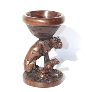 Leopard and Cub theme Iron Wood Ostrich Egg/ornament Stand. Malawian Handcarved Safari decor for home/office. African Art Christmas Gift
