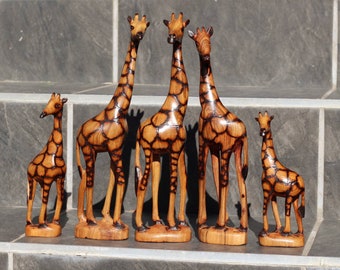 Set of 5 Fine Art Olive Wood Burnt Giraffe Herd standing mini figurines. Zimbabwean Carved Artwork. Home/office decor African animals gifts